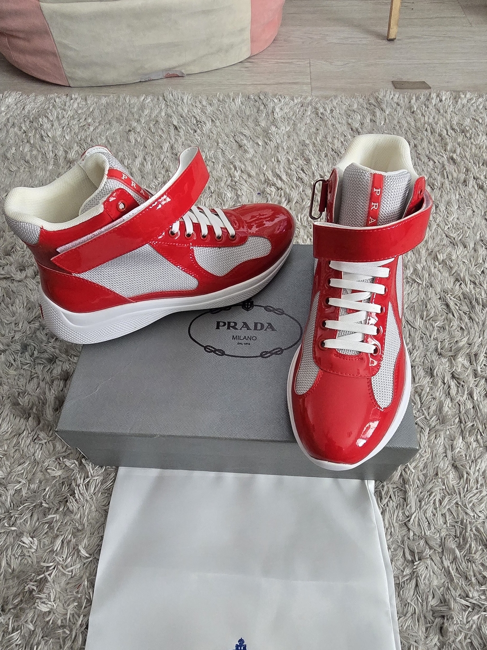 Prada Red and White Men's High-Top Sneakers